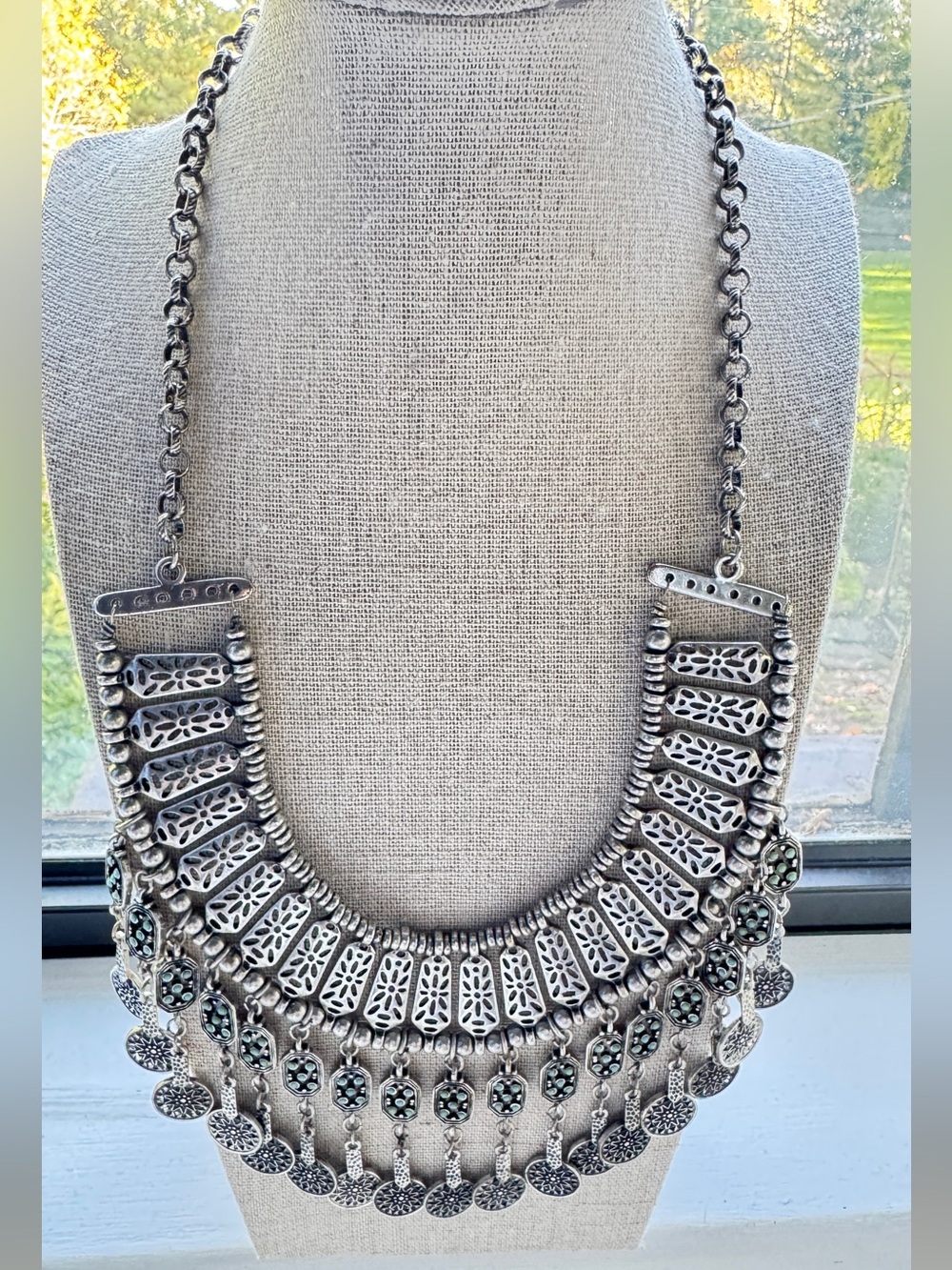 Boho Silver-Tone Filigree Bib Necklace - Unbranded